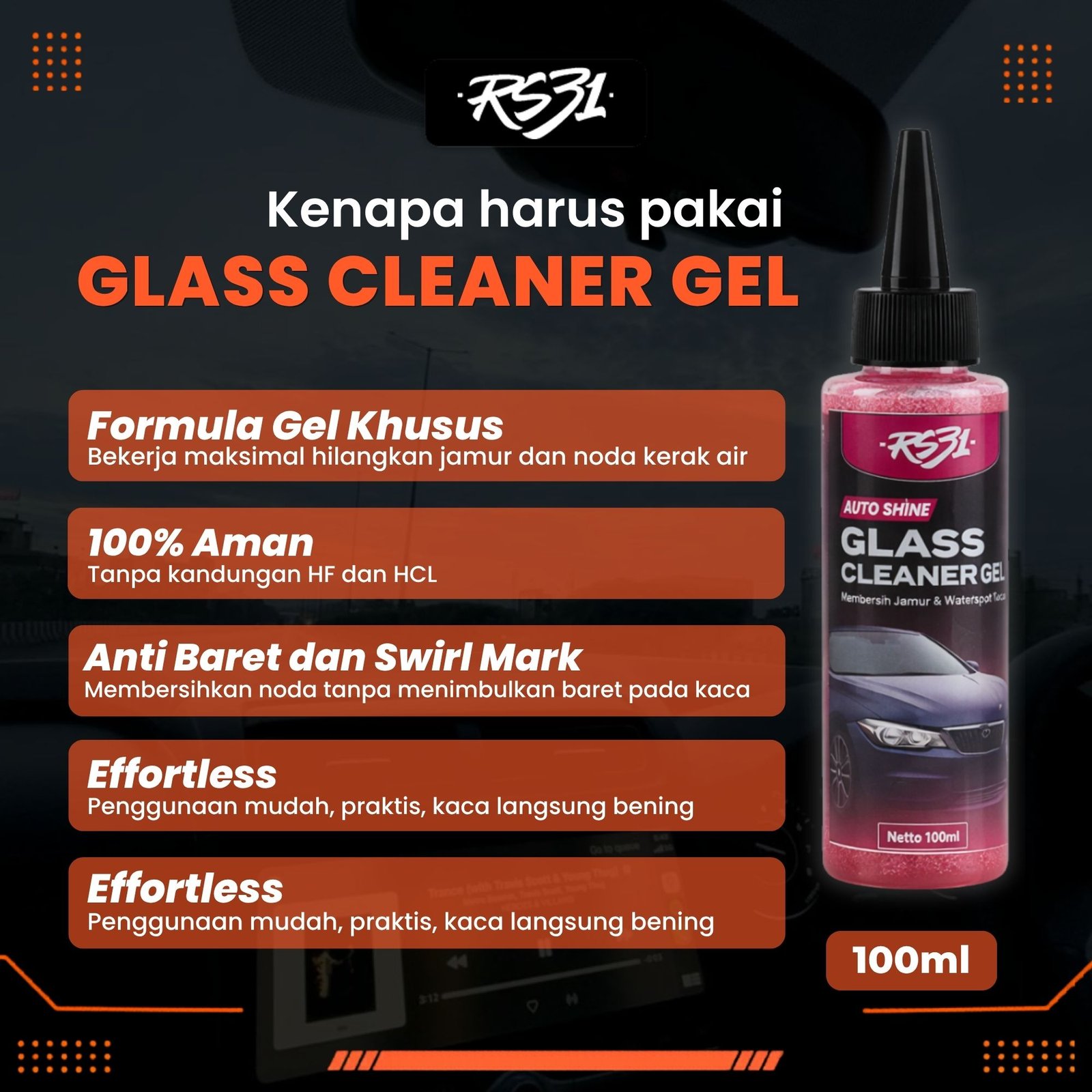 Gel Glass Cleaner – Penghilang Jamur & Kerak Air, Waterspot Remover Kaca Mobil 100ml, Aman & Efektif - Gambar 6