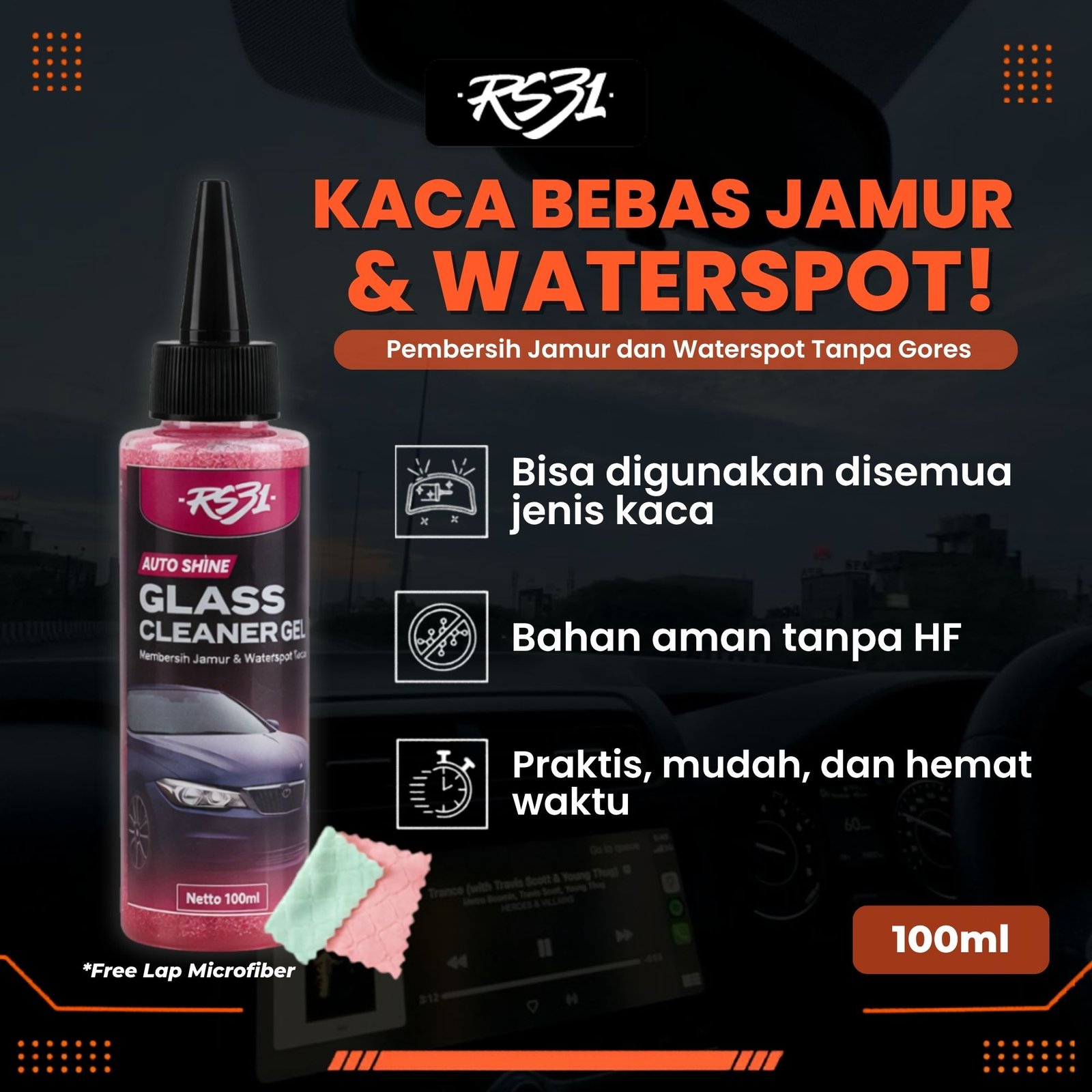 Gel Glass Cleaner – Penghilang Jamur & Kerak Air, Waterspot Remover Kaca Mobil 100ml, Aman & Efektif - Gambar 2